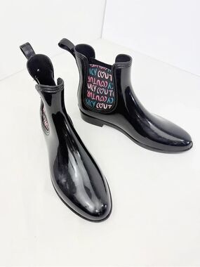 Juicy Couture ROMANCE Black Colorful Heart Glossy Rubber Chelsea Rain Boots
